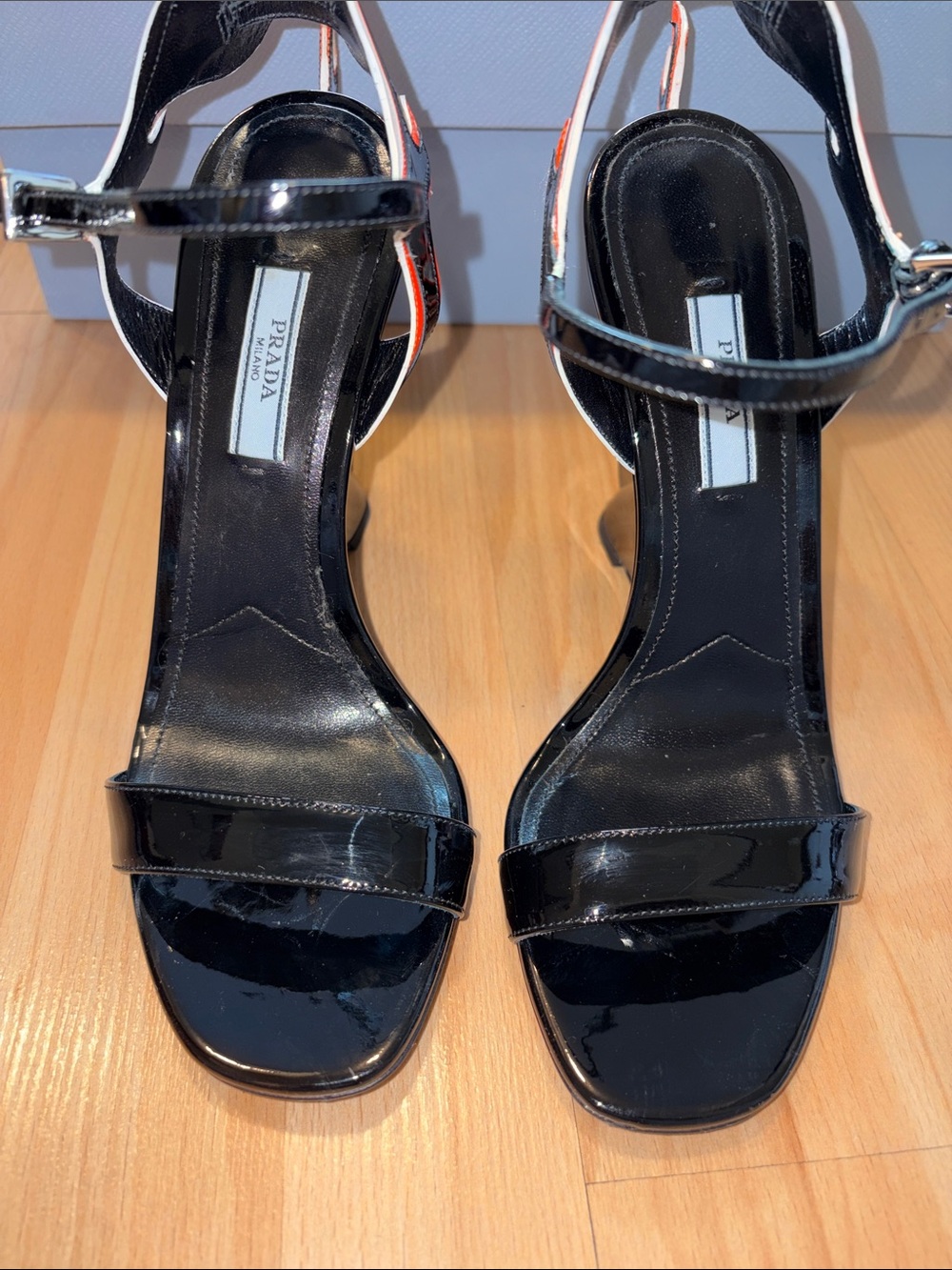 Prada Black Patent Leather Sandals with Red and White Flame Accents - Picture 5 of 10